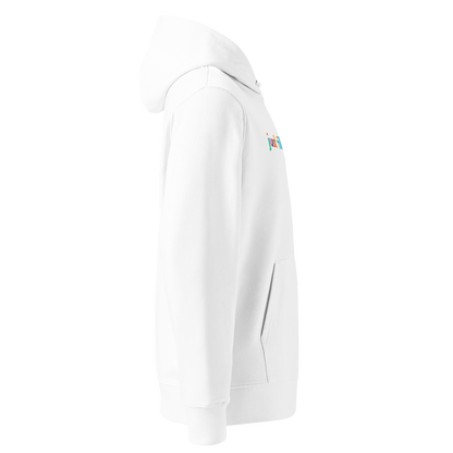 Organic hoodie in white by Lane Line Threads with colorful “just filling my cap” text on the chest, made from GOTS and OCS certified organic cotton showed from the right side