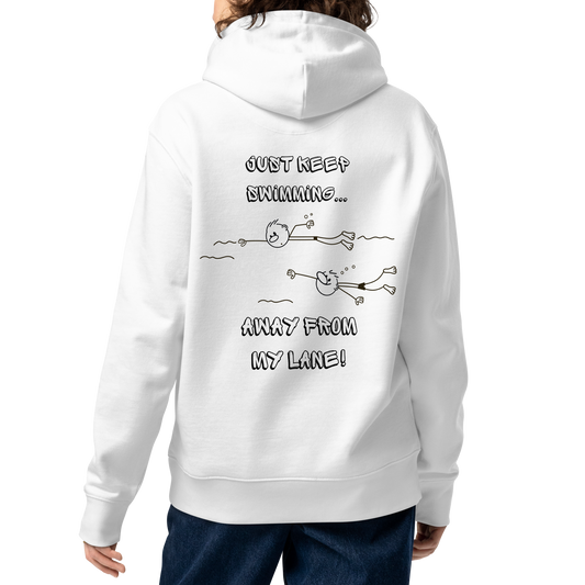 A person shown from the back wearing a white Lane Line Threads organic hoodie featuring "Just Keep Swimming... Away from My Lane!" cartoon swimmer graphic