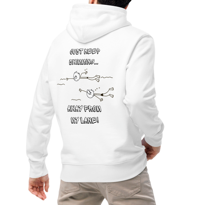 Person wearing a white Lane Line Threads organic hoodie featuring "Just Keep Swimming... Away from My Lane!" cartoon swimmer graphic