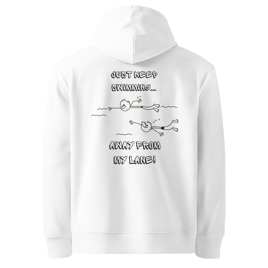 Back view of white Lane Line Threads organic hoodie featuring "Just Keep Swimming... Away from My Lane!" cartoon swimmer graphic