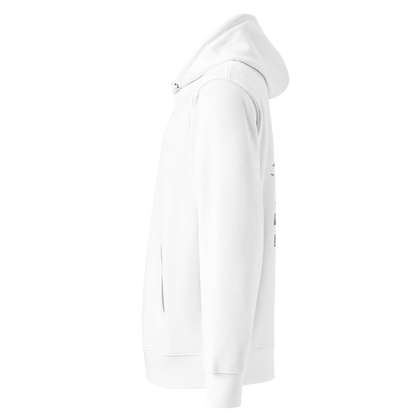 White Lane Line Threads organic hoodie featuring "Just Keep Swimming... Away from My Lane!" cartoon swimmer graphic shown from the left side