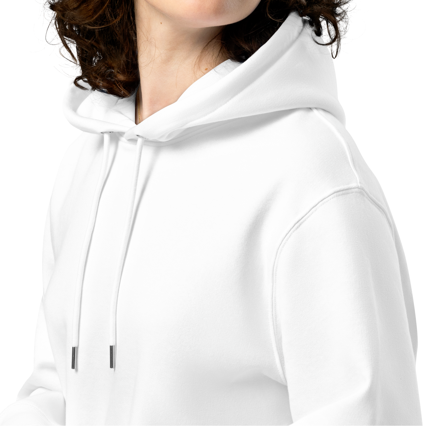 White organic hoodie worn by a person on a white background