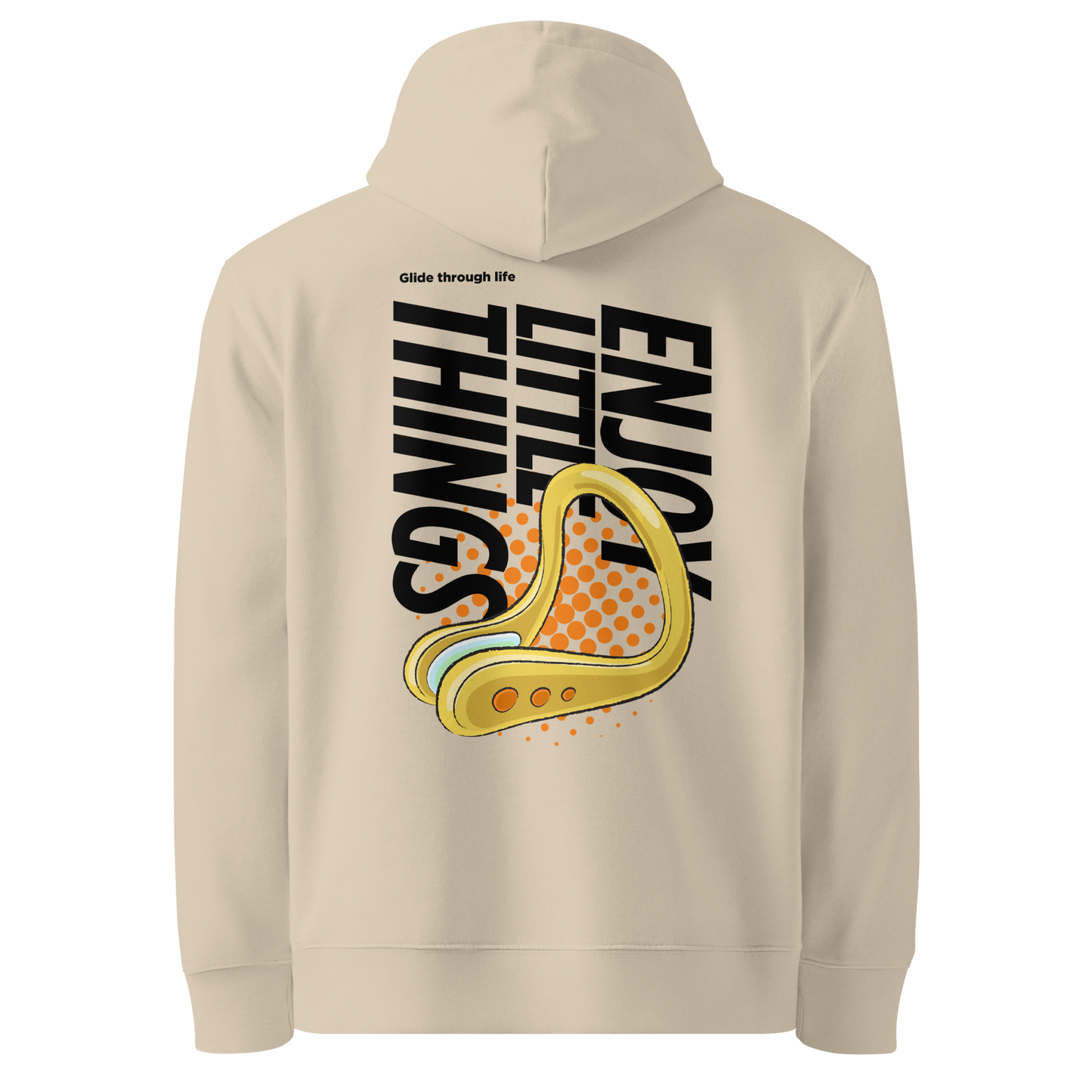 organic hoodie in beige with yellow swim nose clip graphic and bold black text on the back, made from GOTS and OCS certified organic cotton