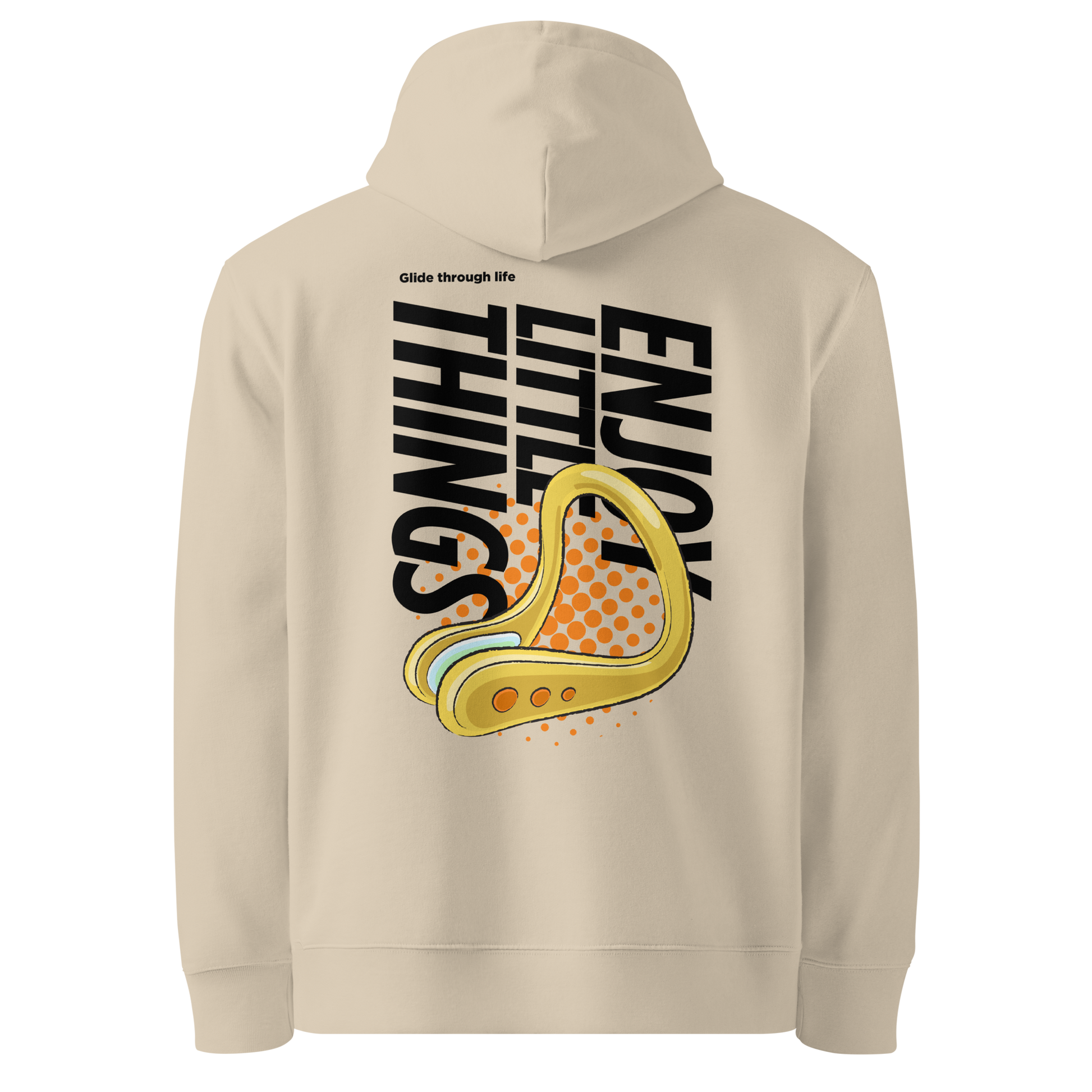 organic hoodie in beige with yellow swim nose clip graphic and bold black text on the back, made from GOTS and OCS certified organic cotton