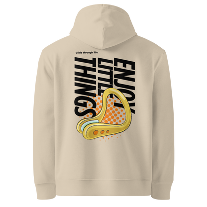 organic hoodie in beige with yellow swim nose clip graphic and bold black text on the back, made from GOTS and OCS certified organic cotton