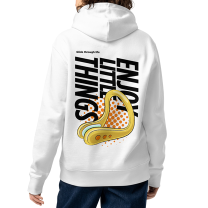 A female person shown from the back wearing an organic hoodie in white with yellow swim nose clip graphic and bold black text on the back, made from GOTS and OCS certified organic cotton