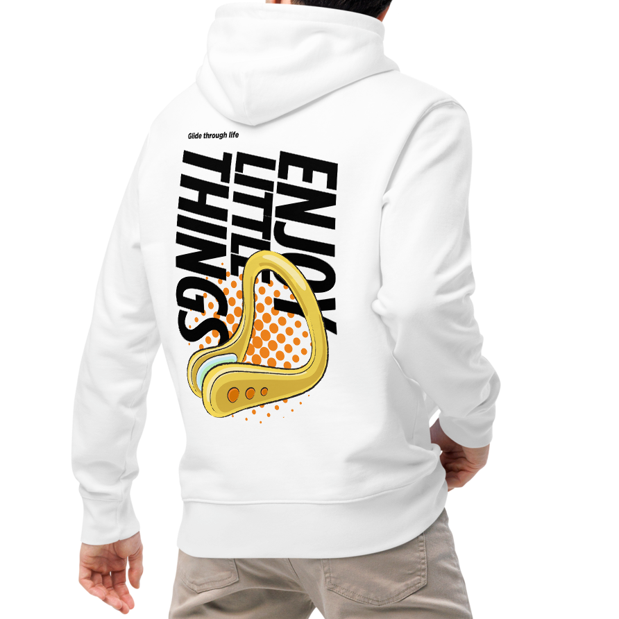 A man shown from the back wearing an organic hoodie in white with yellow swim nose clip graphic and bold black text on the back, made from GOTS and OCS certified organic cotton