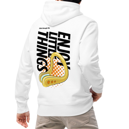 A man shown from the back wearing an organic hoodie in white with yellow swim nose clip graphic and bold black text on the back, made from GOTS and OCS certified organic cotton