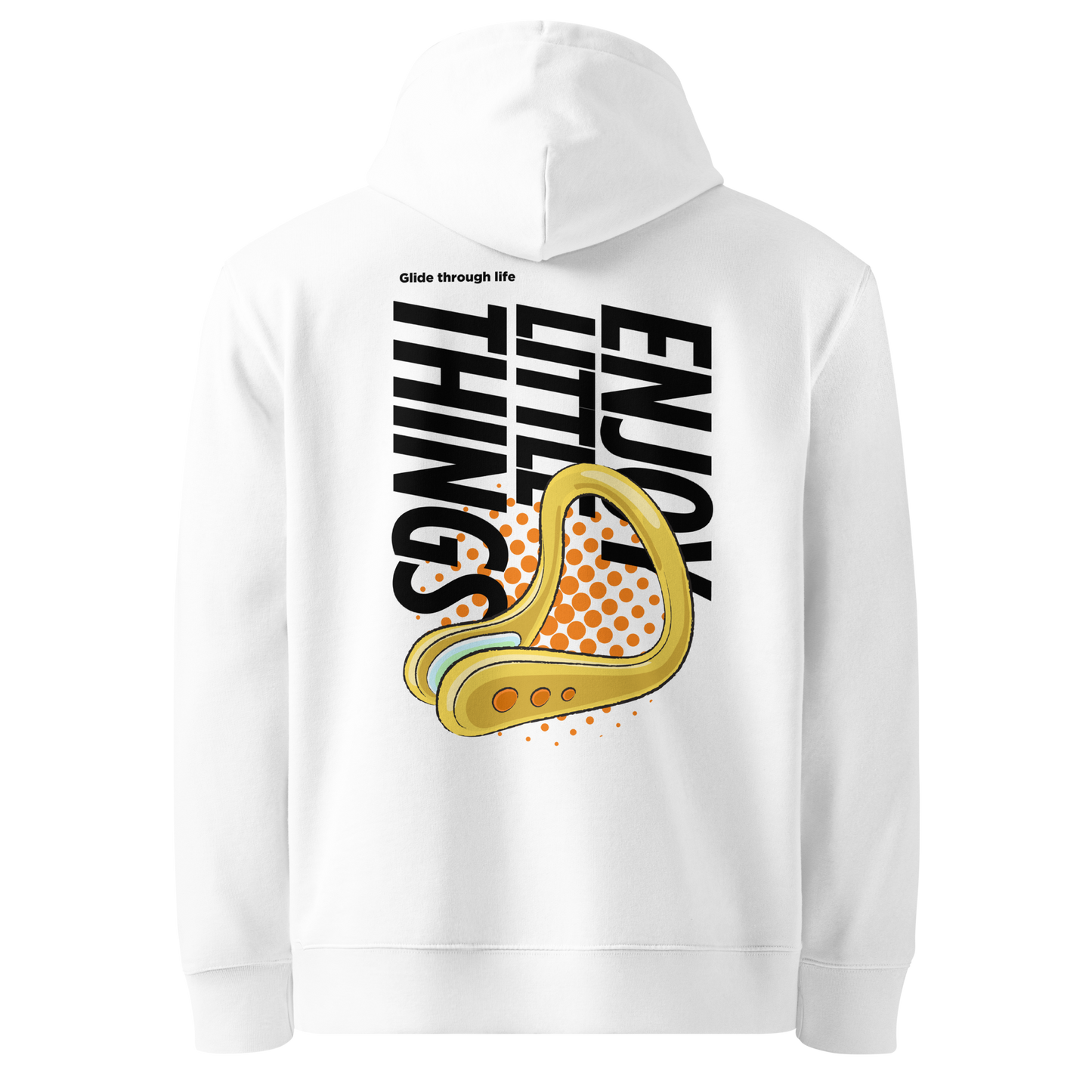 organic hoodie in white with yellow swim nose clip graphic and bold black text on the back, made from GOTS and OCS certified organic cotton