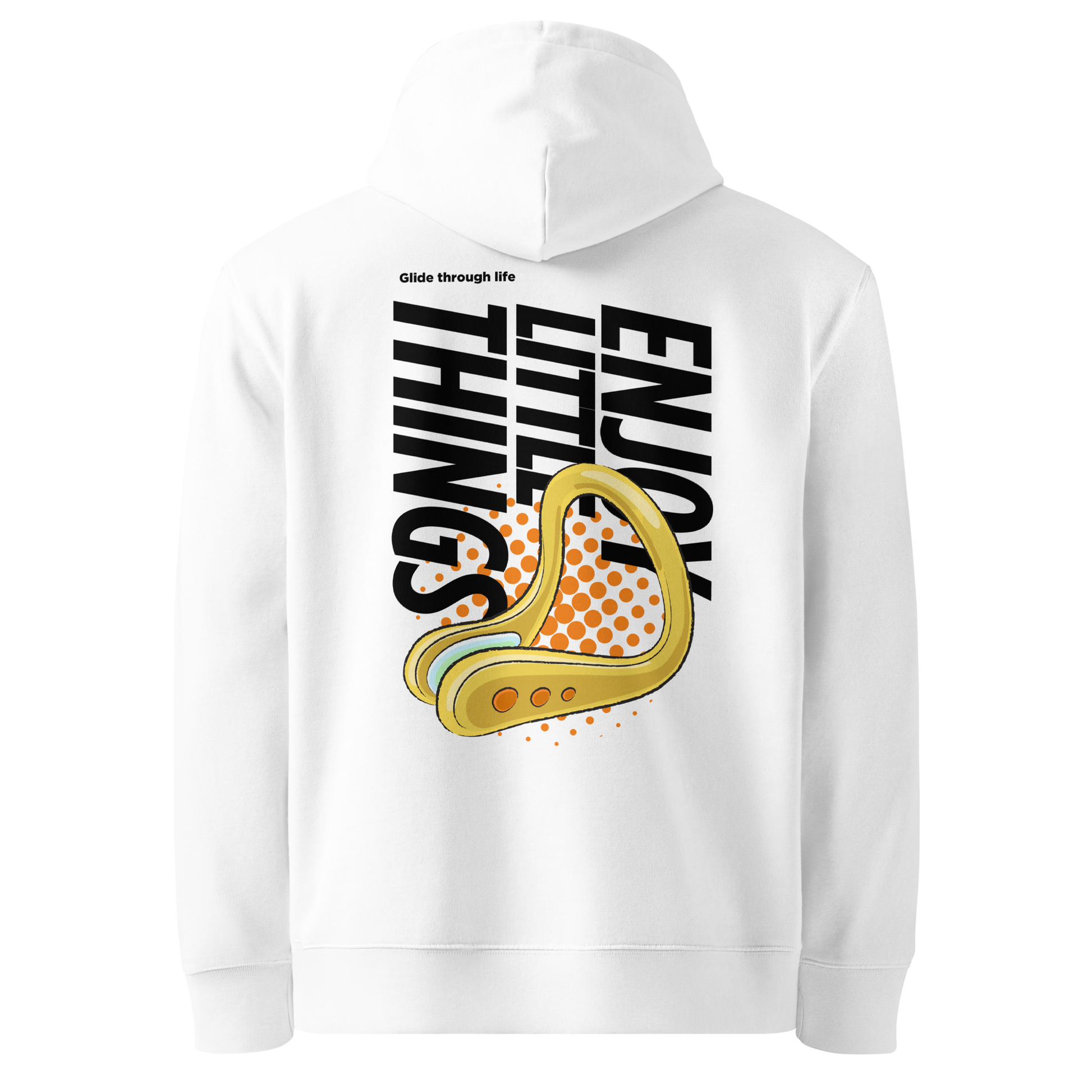 organic hoodie in white with yellow swim nose clip graphic and bold black text on the back, made from GOTS and OCS certified organic cotton