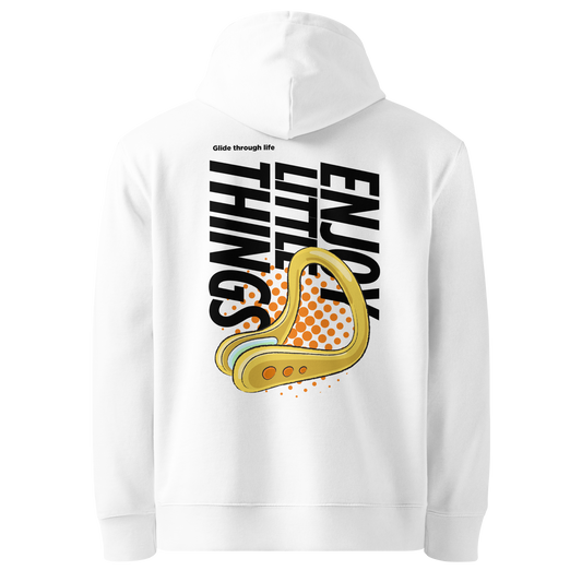 organic hoodie in white with yellow swim nose clip graphic and bold black text on the back, made from GOTS and OCS certified organic cotton