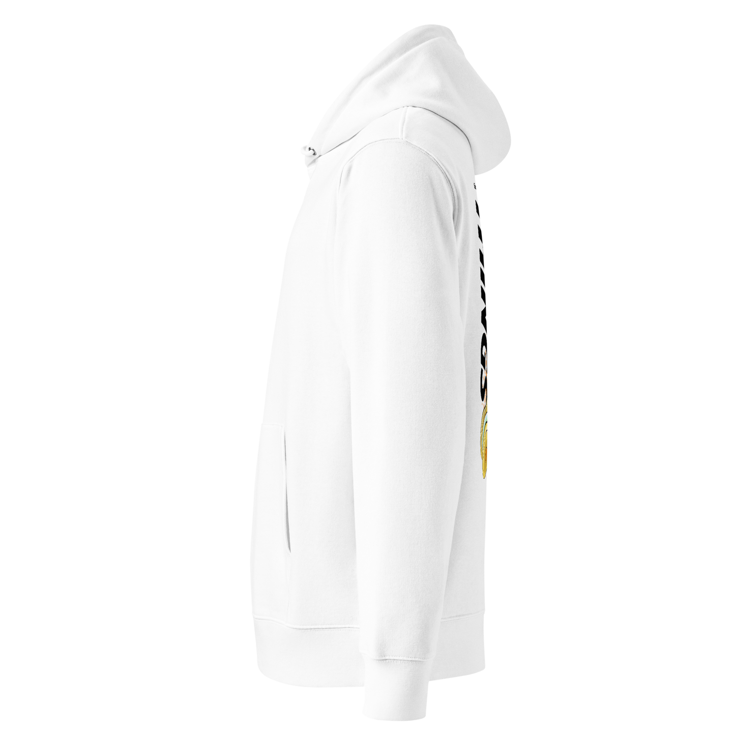 organic hoodie in white with yellow swim nose clip graphic and bold black text on the back, made from GOTS and OCS certified organic cotton shown from the left side