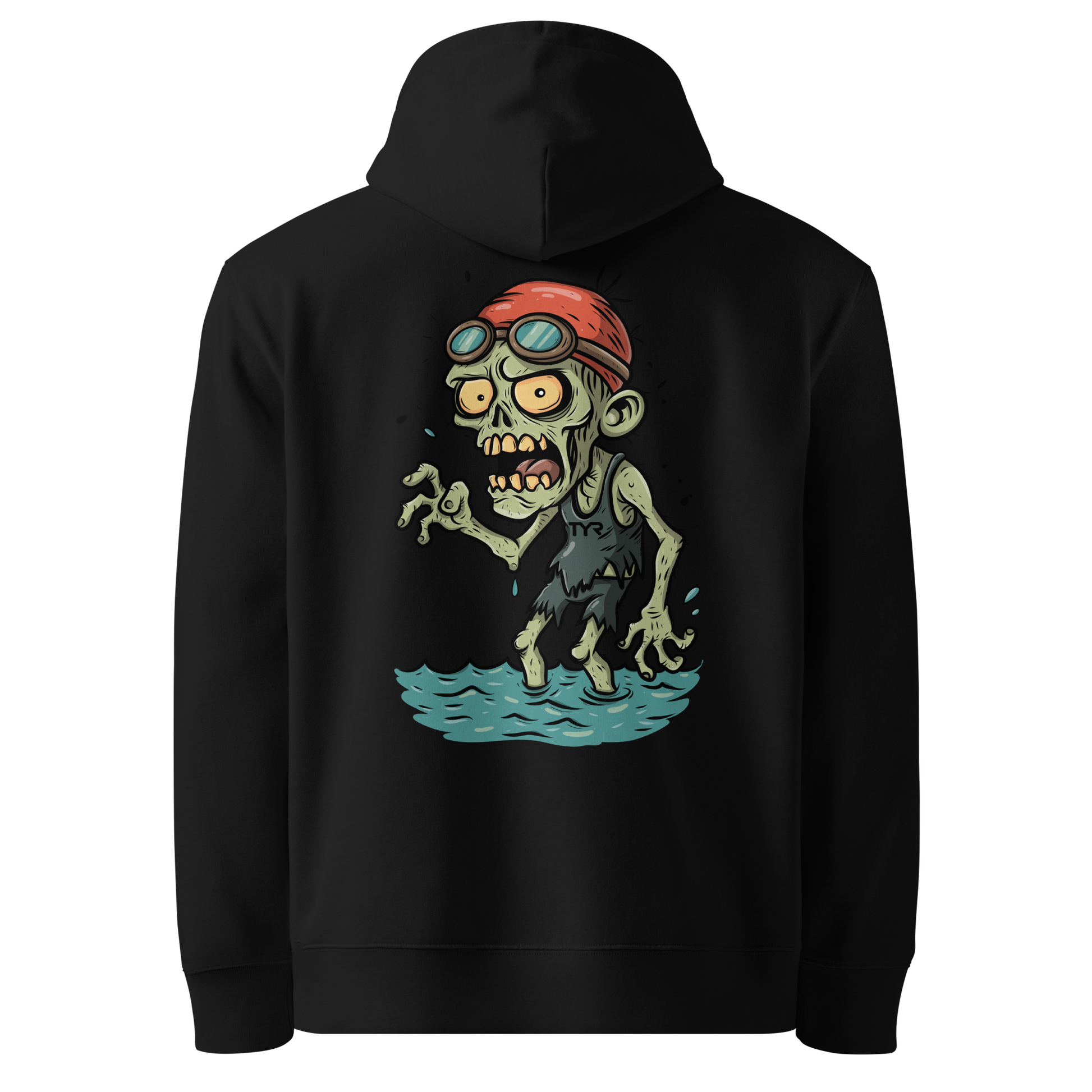 Organic hoodie in black featuring a back graphic of a cartoon zombie swimmer with a red swim cap and goggles by Lane Line Threads.