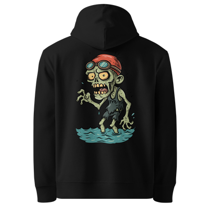 Organic hoodie in black featuring a back graphic of a cartoon zombie swimmer with a red swim cap and goggles by Lane Line Threads.