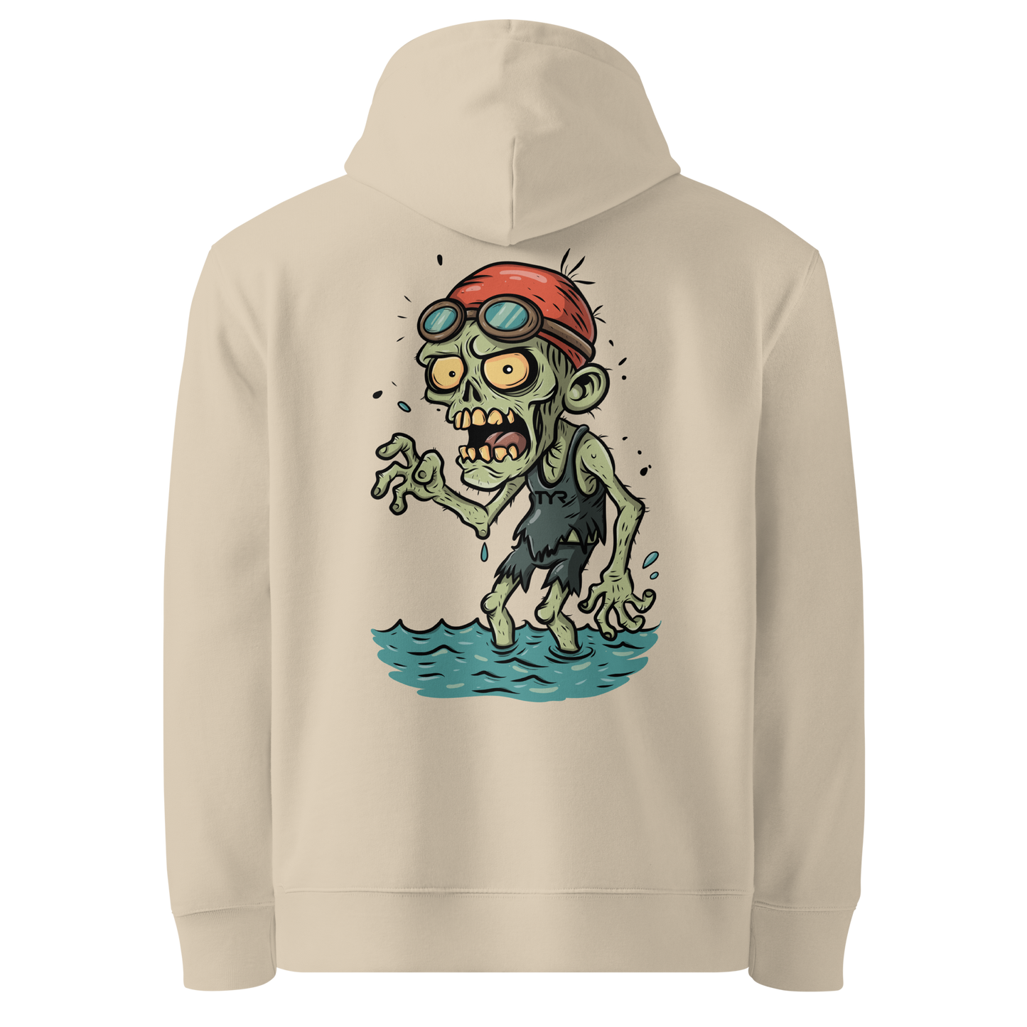 Organic hoodie in beige featuring a back graphic of a cartoon zombie swimmer with a red swim cap and goggles by Lane Line Threads.