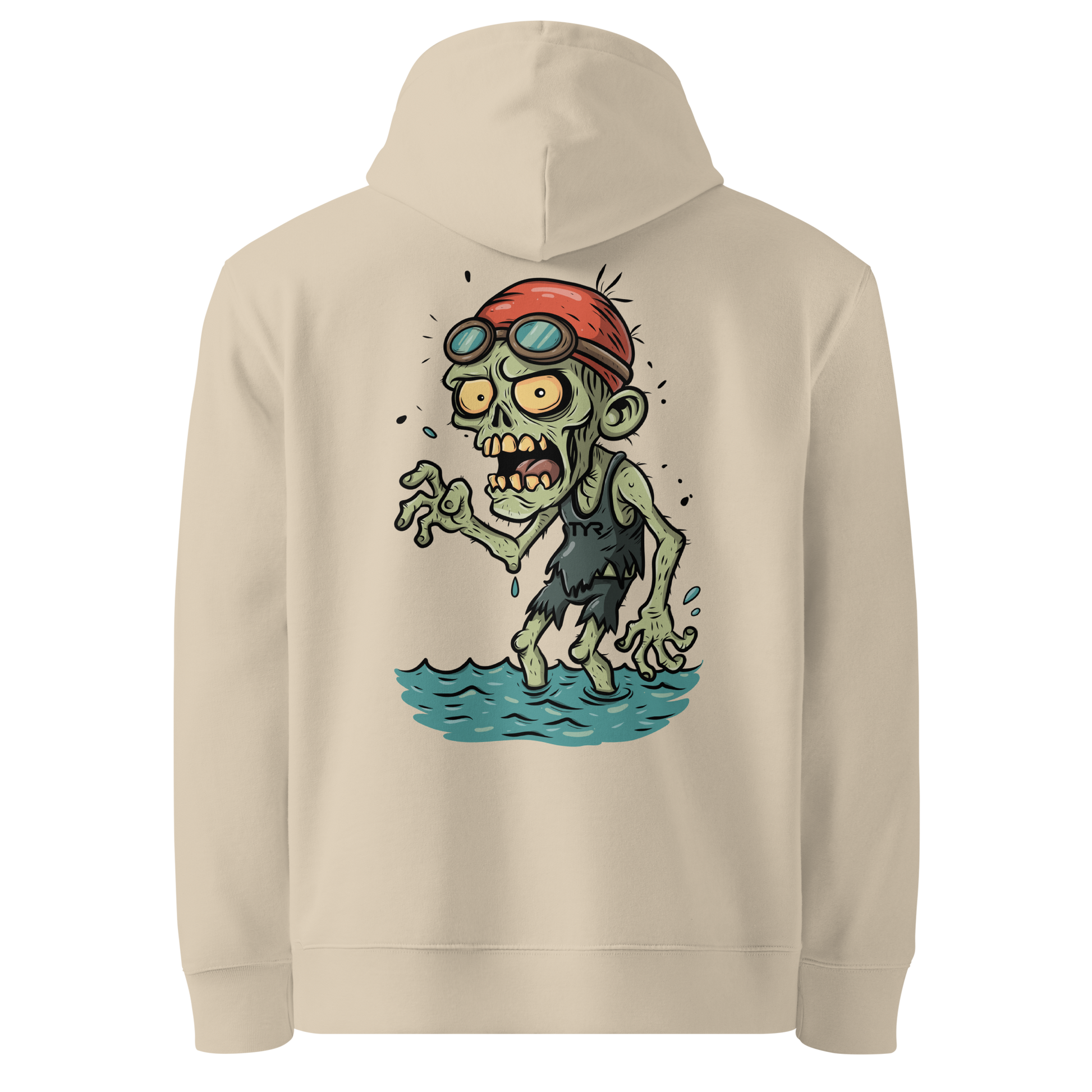 Organic hoodie in beige featuring a back graphic of a cartoon zombie swimmer with a red swim cap and goggles by Lane Line Threads.