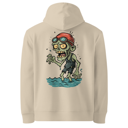 Organic hoodie in beige featuring a back graphic of a cartoon zombie swimmer with a red swim cap and goggles by Lane Line Threads.