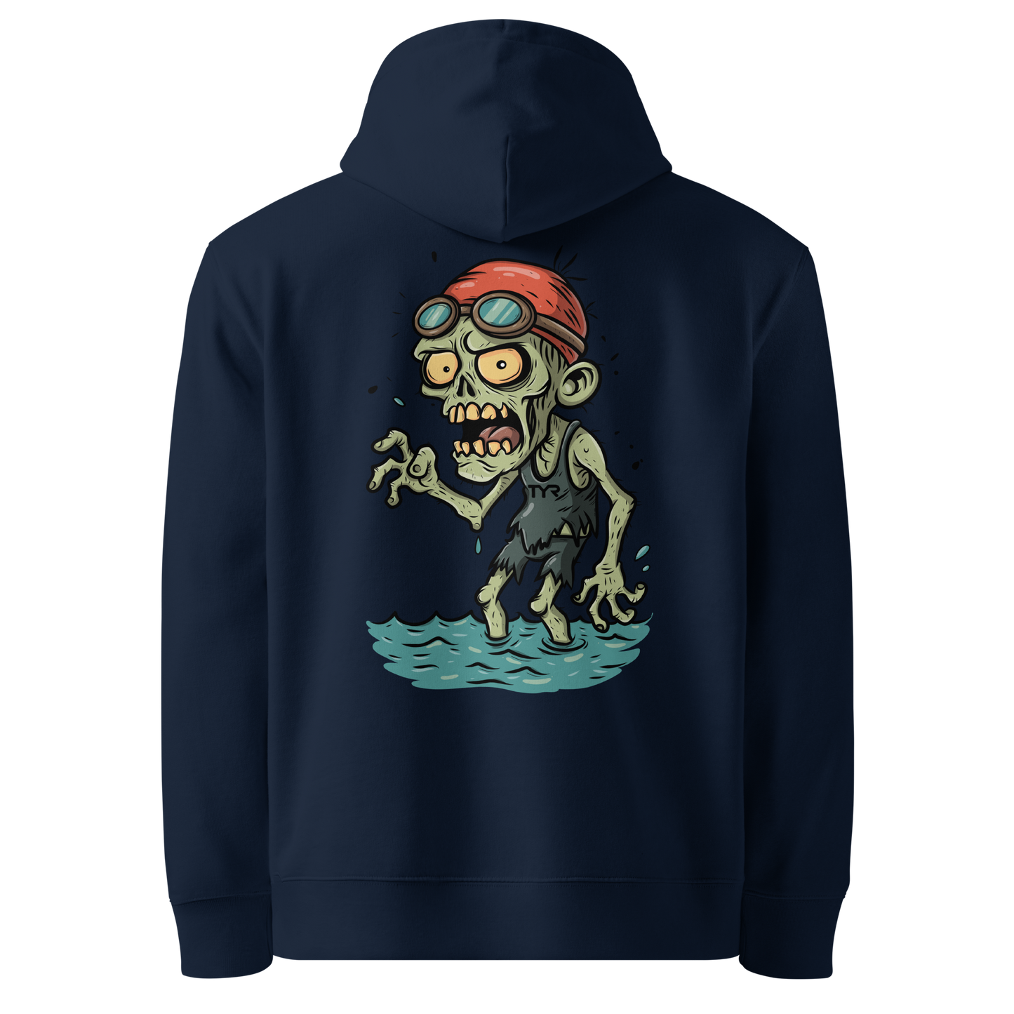 Organic hoodie in navy blue featuring a back graphic of a cartoon zombie swimmer with a red swim cap and goggles by Lane Line Threads.
