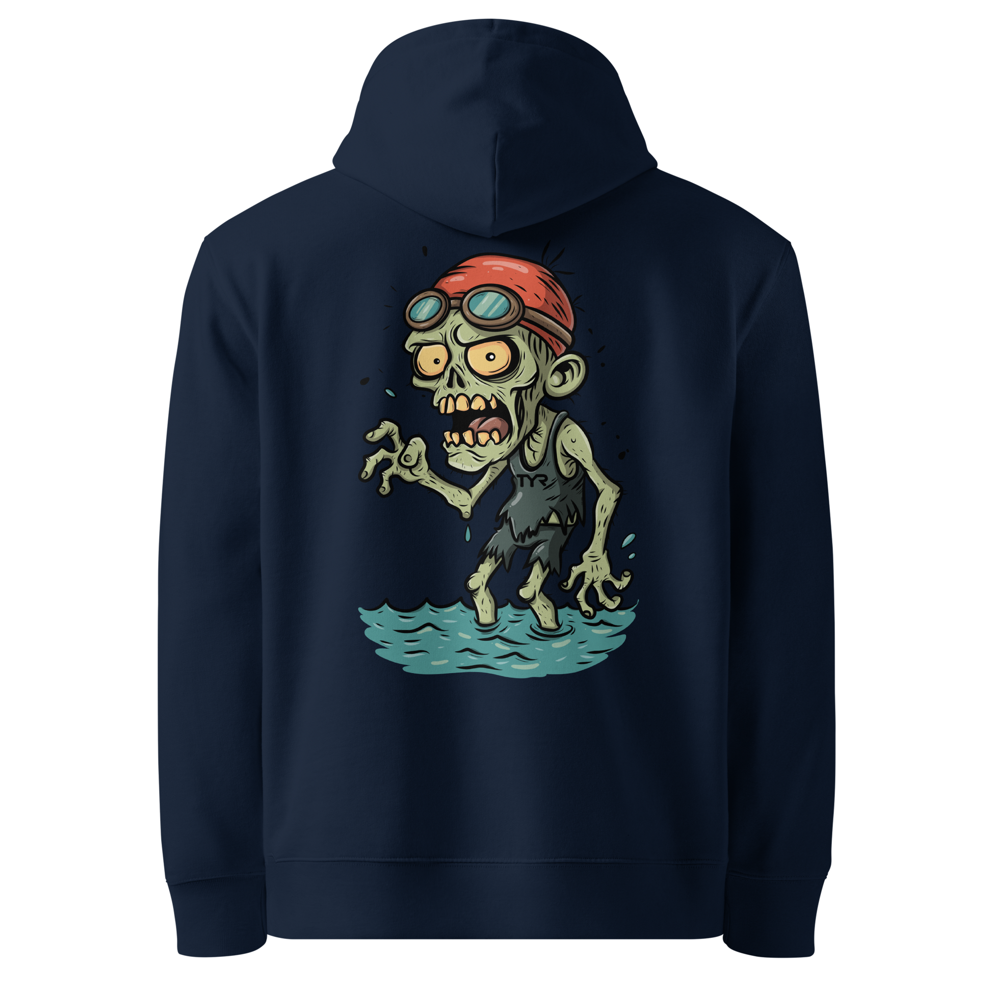 Organic hoodie in navy blue featuring a back graphic of a cartoon zombie swimmer with a red swim cap and goggles by Lane Line Threads.