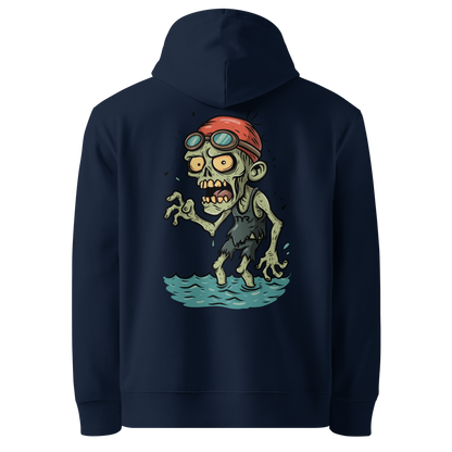 Organic hoodie in navy blue featuring a back graphic of a cartoon zombie swimmer with a red swim cap and goggles by Lane Line Threads.
