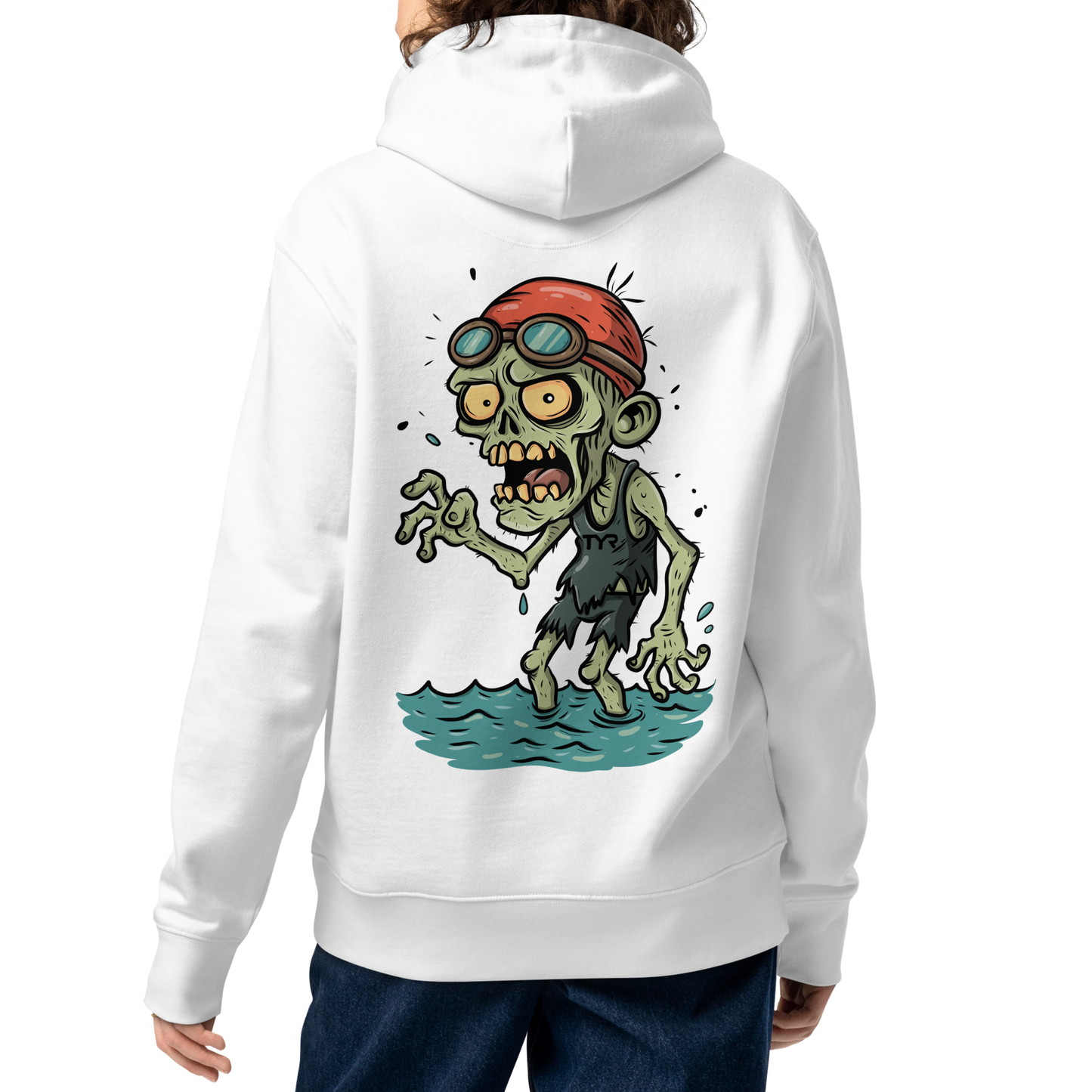 A female model shown from the back wearing an organic hoodie in white featuring a back graphic of a cartoon zombie swimmer with a red swim cap and goggles by Lane Line Threads.