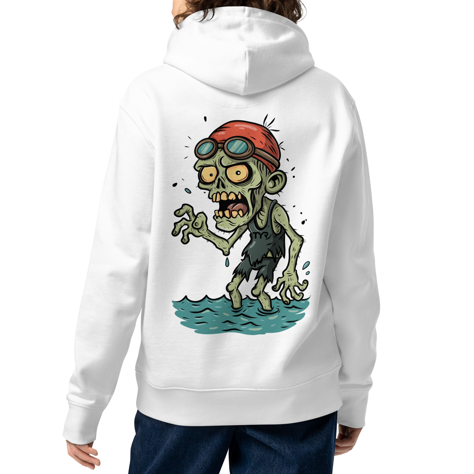 A female model shown from the back wearing an organic hoodie in white featuring a back graphic of a cartoon zombie swimmer with a red swim cap and goggles by Lane Line Threads.