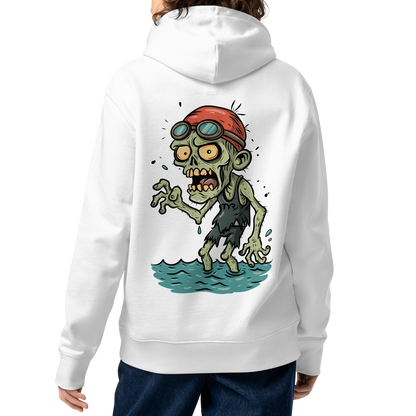 A female model shown from the back wearing an organic hoodie in white featuring a back graphic of a cartoon zombie swimmer with a red swim cap and goggles by Lane Line Threads.