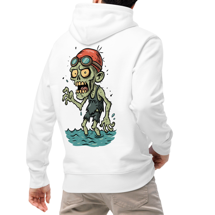 Person wearing an organic hoodie in white featuring a back graphic of a cartoon zombie swimmer with a red swim cap and goggles by Lane Line Threads.