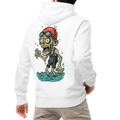 Person wearing an organic hoodie in white featuring a back graphic of a cartoon zombie swimmer with a red swim cap and goggles by Lane Line Threads.