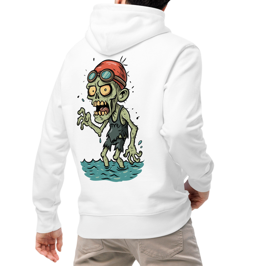 Person wearing an organic hoodie in white featuring a back graphic of a cartoon zombie swimmer with a red swim cap and goggles by Lane Line Threads.
