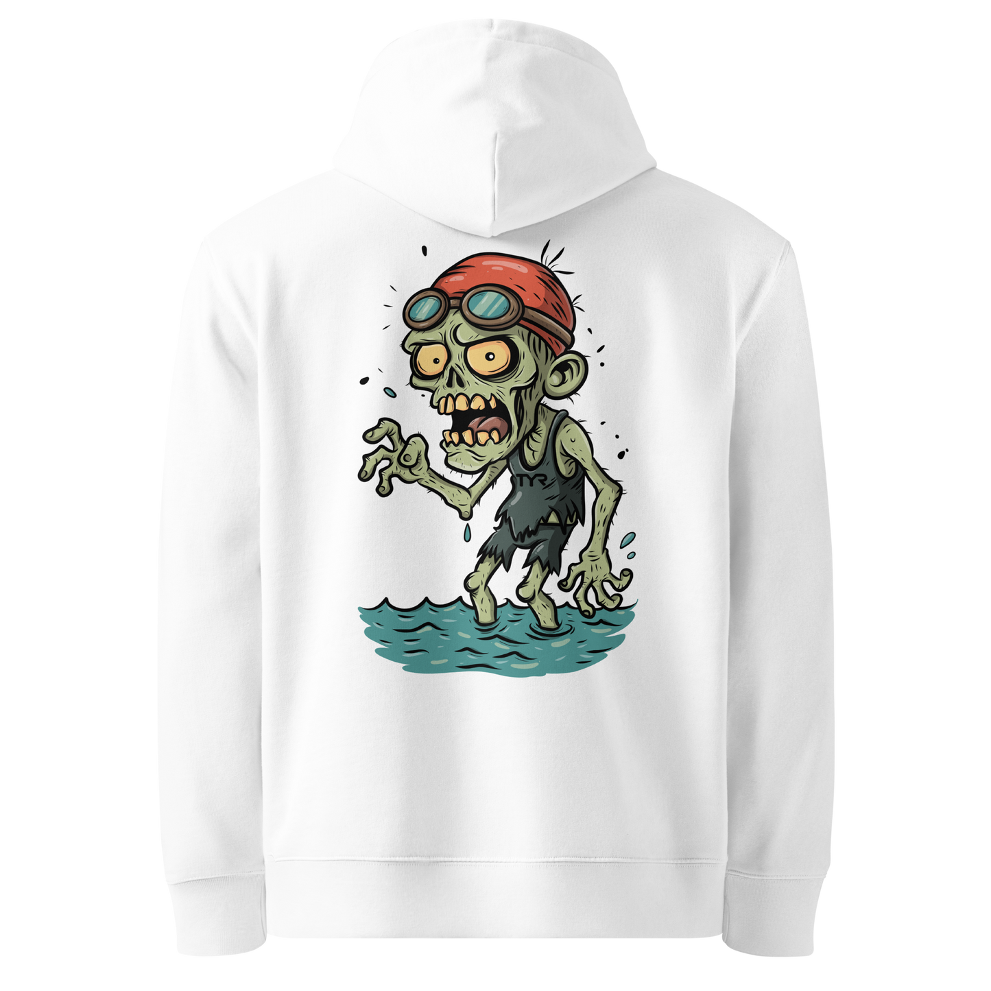 Organic hoodie in white featuring a back graphic of a cartoon zombie swimmer with a red swim cap and goggles by Lane Line Threads.