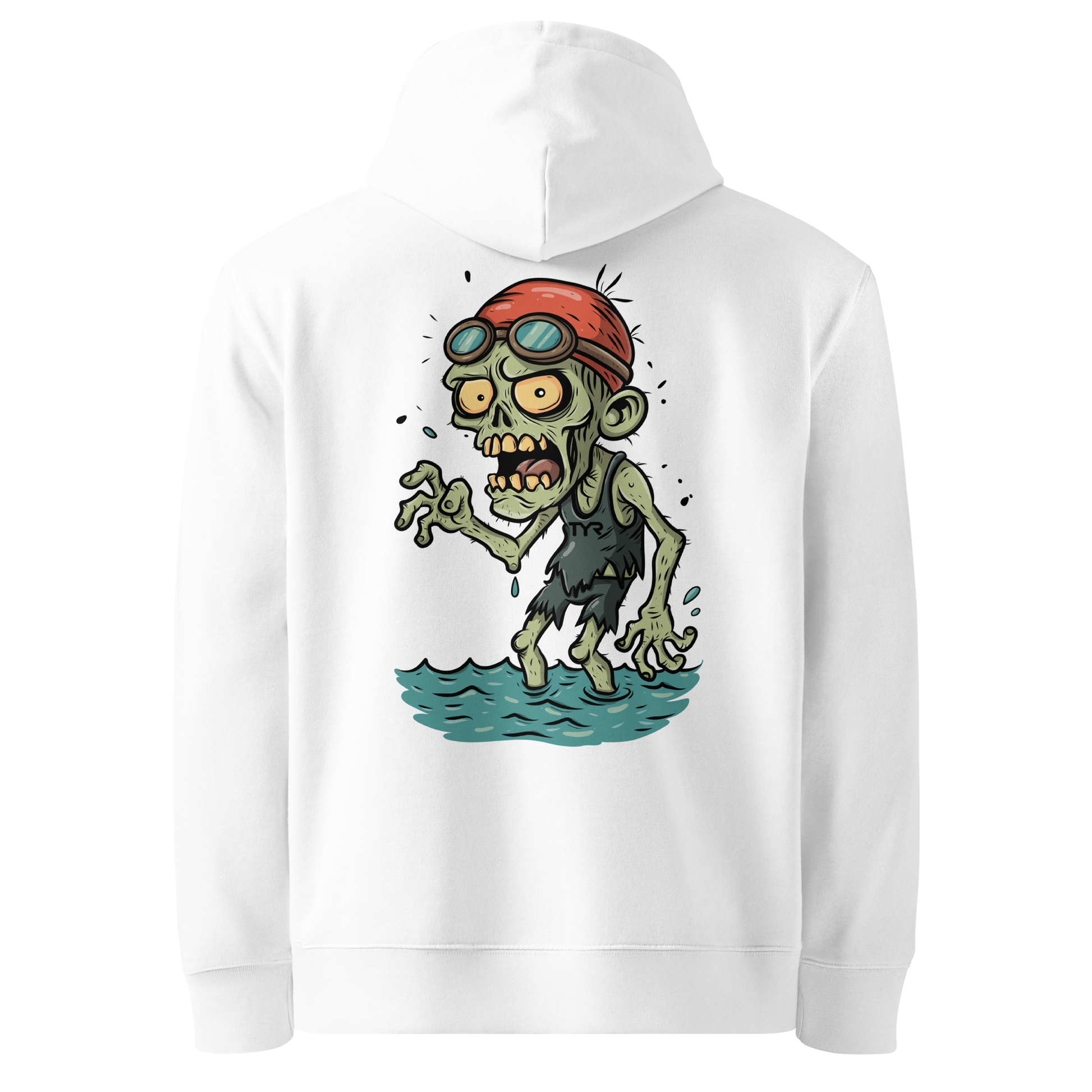 Organic hoodie in white featuring a back graphic of a cartoon zombie swimmer with a red swim cap and goggles by Lane Line Threads.