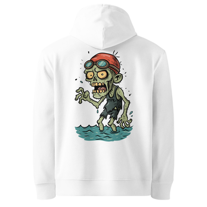 Organic hoodie in white featuring a back graphic of a cartoon zombie swimmer with a red swim cap and goggles by Lane Line Threads.