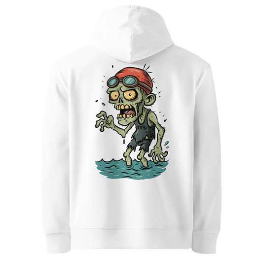 Organic hoodie in white featuring a back graphic of a cartoon zombie swimmer with a red swim cap and goggles by Lane Line Threads.
