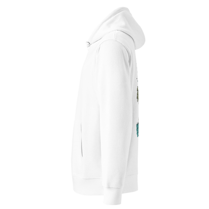 Organic hoodie in white featuring a back graphic of a cartoon zombie swimmer with a red swim cap and goggles by Lane Line Threads shown by the left side