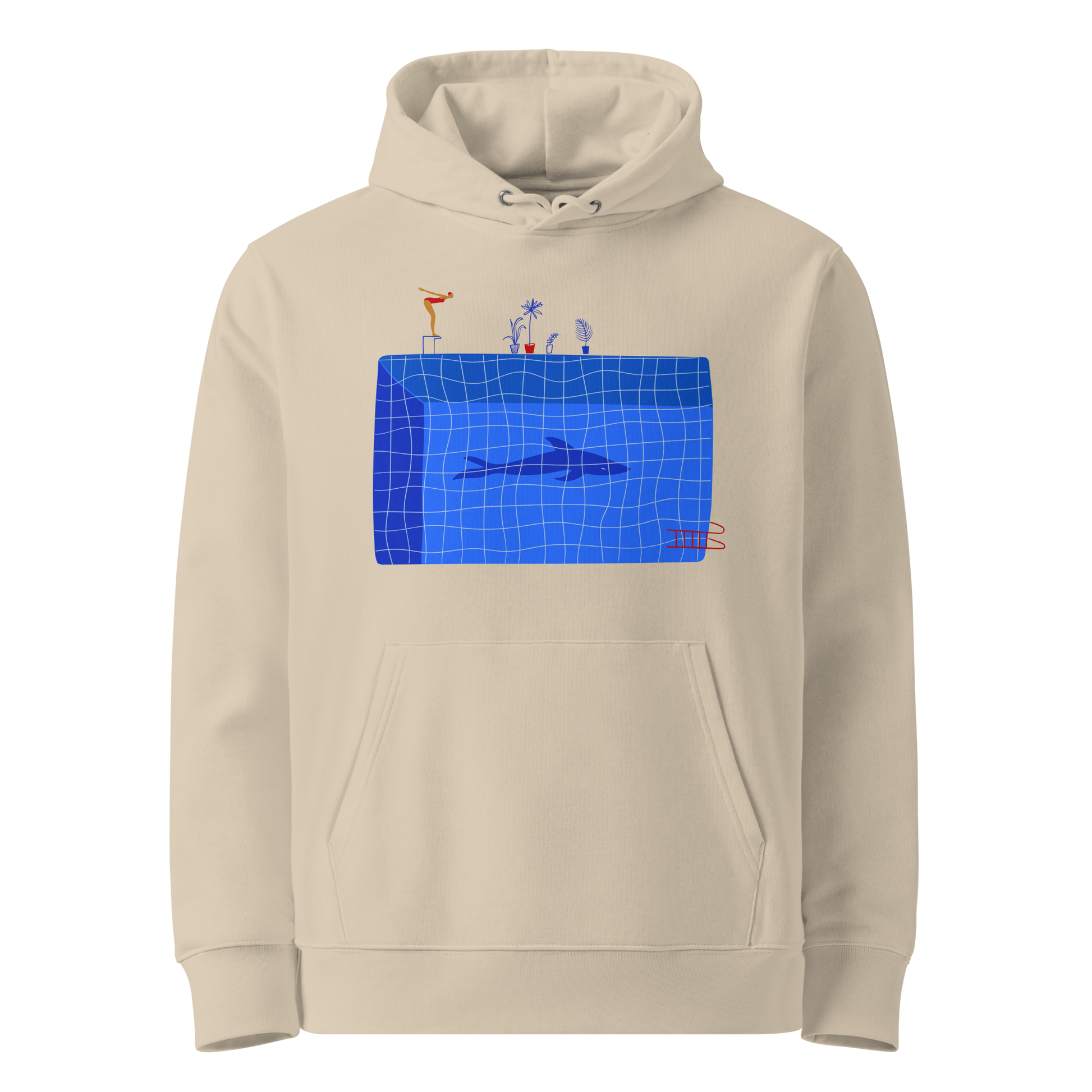 organic hoodie in beige by Lane Line Threads featuring a graphic of a diver, potted plants, and a shark silhouette in a blue pool.