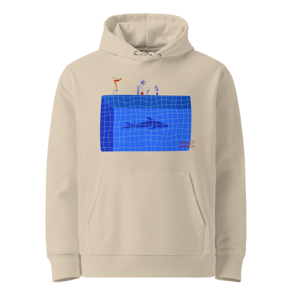 organic hoodie in beige by Lane Line Threads featuring a graphic of a diver, potted plants, and a shark silhouette in a blue pool.