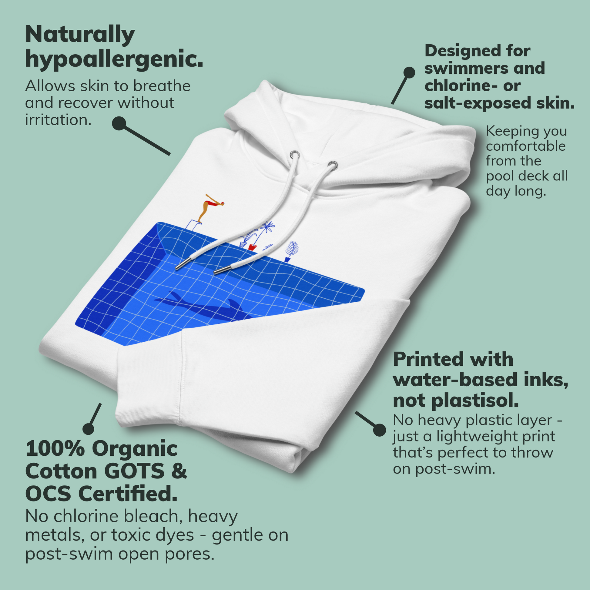 organic hoodie in white by Lane Line Threads featuring a graphic of a diver, potted plants, and a shark silhouette in a blue pool shown on a pale green background with callout text describing product benefits and certifications