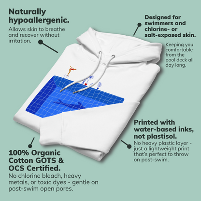 organic hoodie in white by Lane Line Threads featuring a graphic of a diver, potted plants, and a shark silhouette in a blue pool shown on a pale green background with callout text describing product benefits and certifications