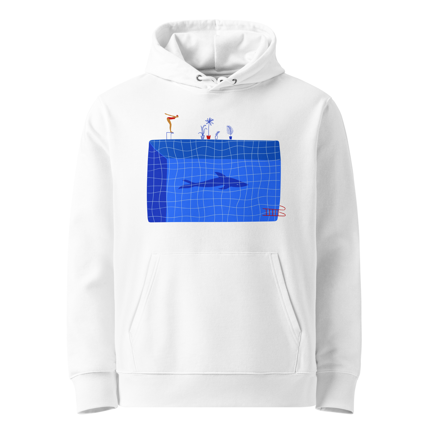 organic hoodie in white by Lane Line Threads featuring a graphic of a diver, potted plants, and a shark silhouette in a blue pool.