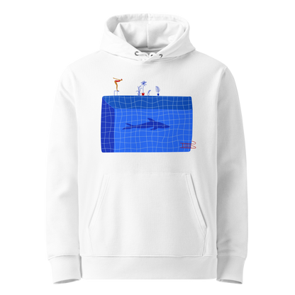 organic hoodie in white by Lane Line Threads featuring a graphic of a diver, potted plants, and a shark silhouette in a blue pool.