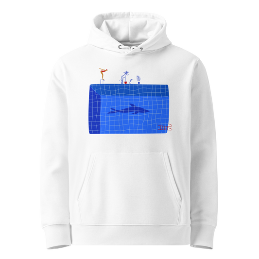 organic hoodie in white by Lane Line Threads featuring a graphic of a diver, potted plants, and a shark silhouette in a blue pool.