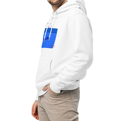 A man wearing an organic hoodie in white by Lane Line Threads featuring a graphic of a diver, potted plants, and a shark silhouette in a blue pool, photographed against a solid white background.