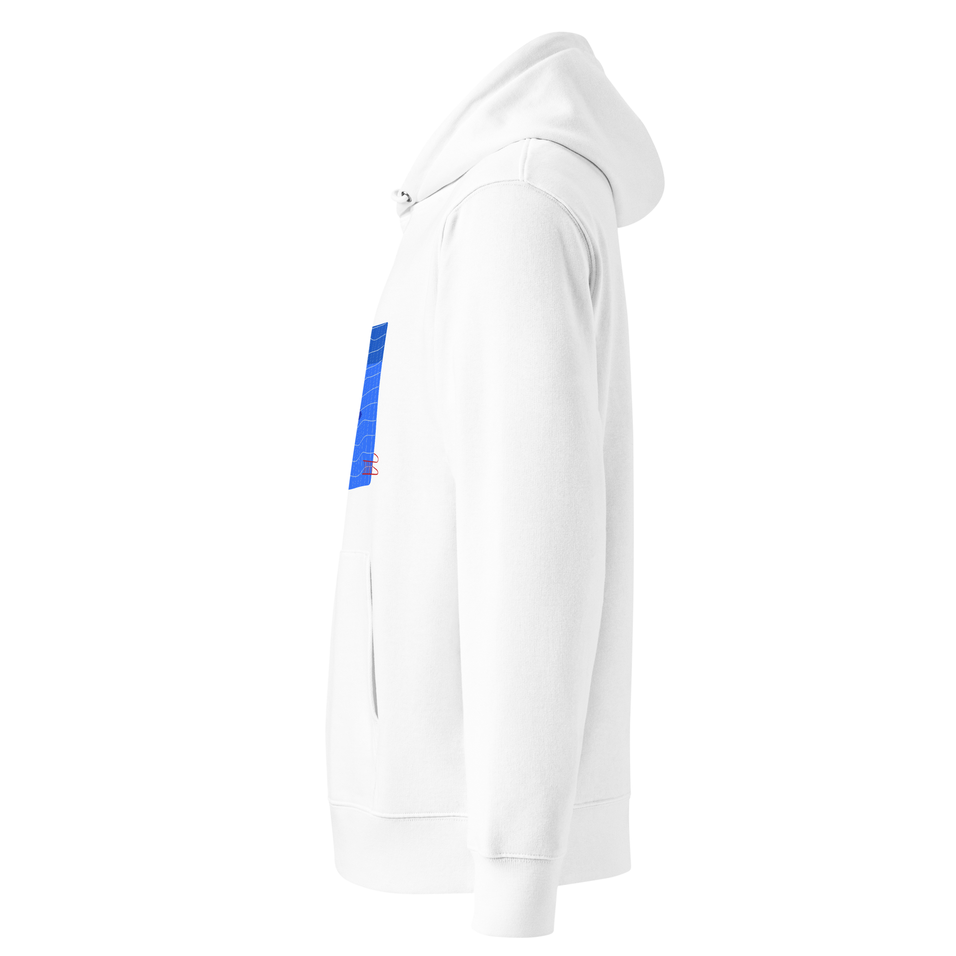 organic hoodie in white by Lane Line Threads featuring a graphic of a diver, potted plants, and a shark silhouette in a blue pool shown from the left side