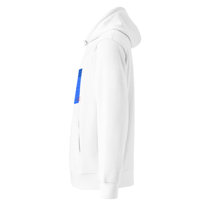 organic hoodie in white by Lane Line Threads featuring a graphic of a diver, potted plants, and a shark silhouette in a blue pool shown from the left side