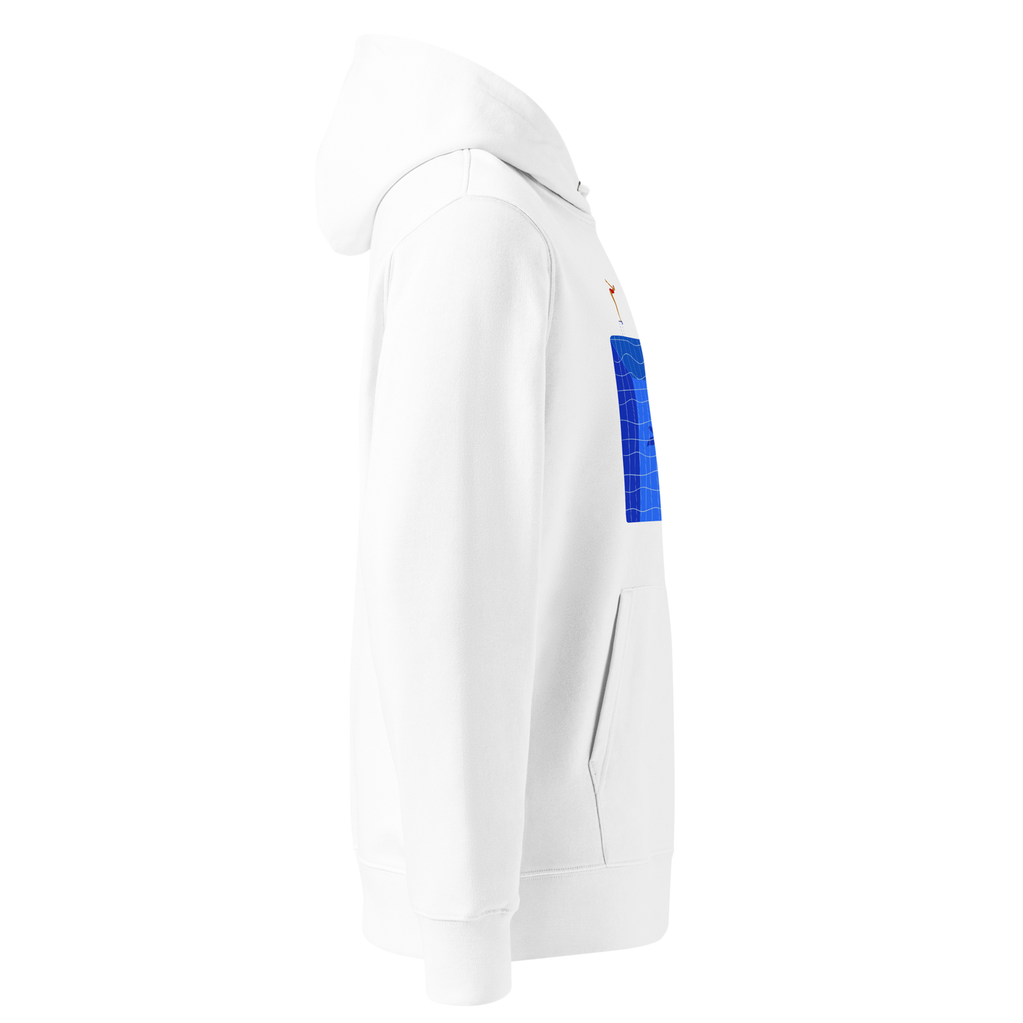 organic hoodie in white by Lane Line Threads featuring a graphic of a diver, potted plants, and a shark silhouette in a blue pool shown from the right side
