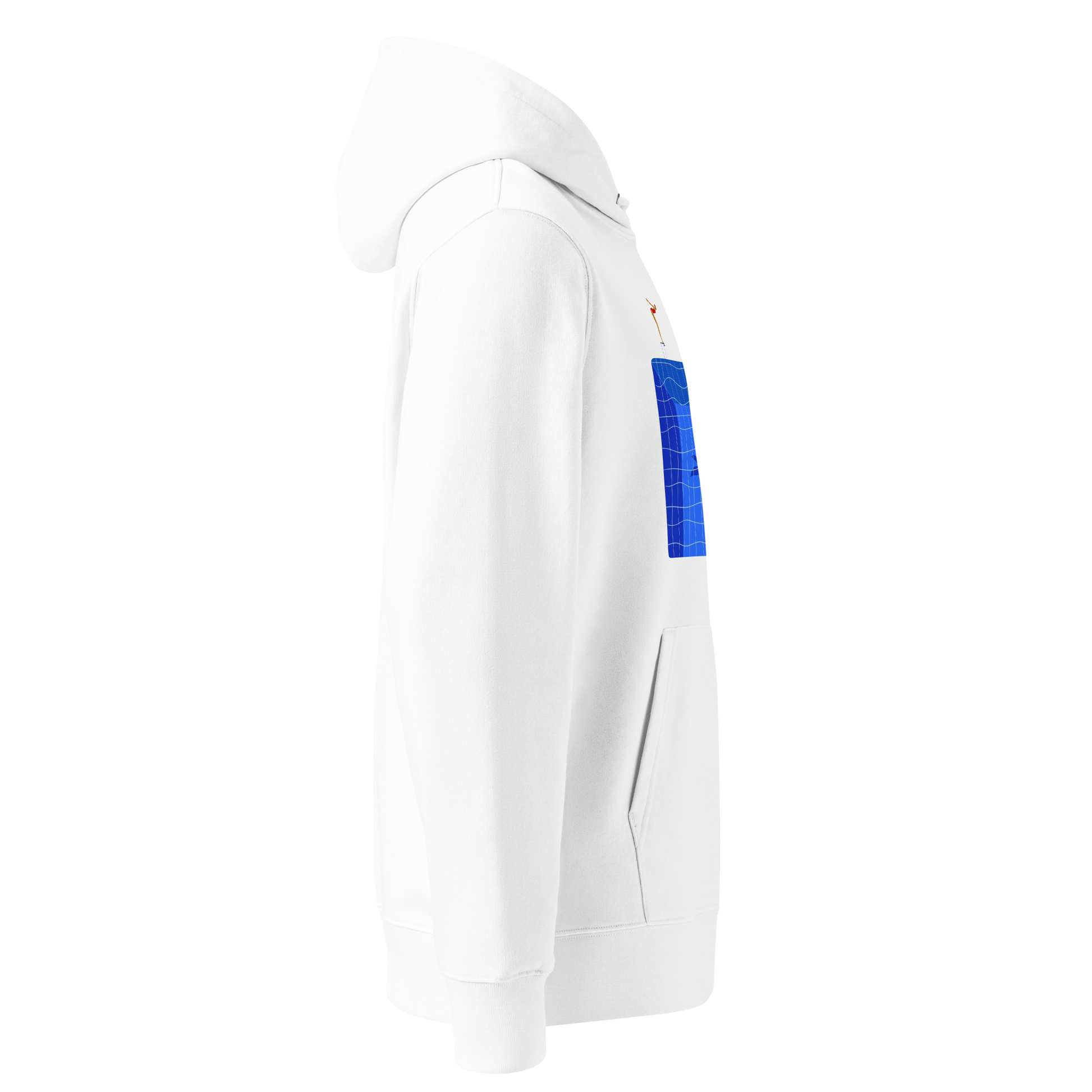 organic hoodie in white by Lane Line Threads featuring a graphic of a diver, potted plants, and a shark silhouette in a blue pool shown from the right side