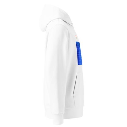 organic hoodie in white by Lane Line Threads featuring a graphic of a diver, potted plants, and a shark silhouette in a blue pool shown from the right side