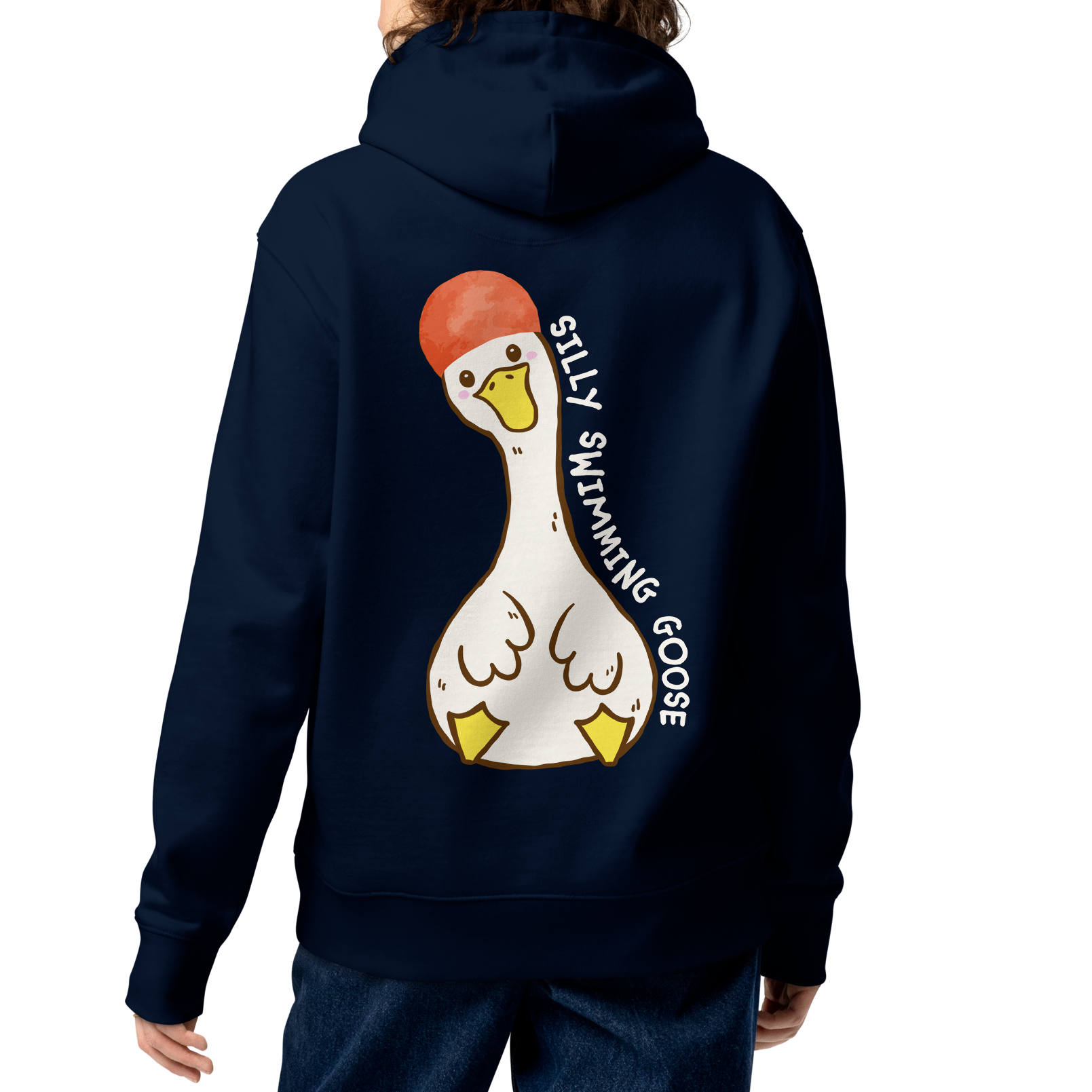 A person shown from the back wearing an organic hoodie in navy by Lane Line Threads with a Silly Swimming Goose graphic on the back, made from GOTS and OCS certified organic cotton.