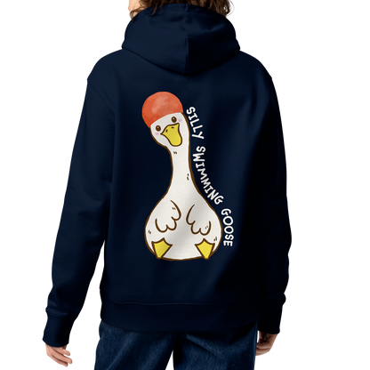 A person shown from the back wearing an organic hoodie in navy by Lane Line Threads with a Silly Swimming Goose graphic on the back, made from GOTS and OCS certified organic cotton.